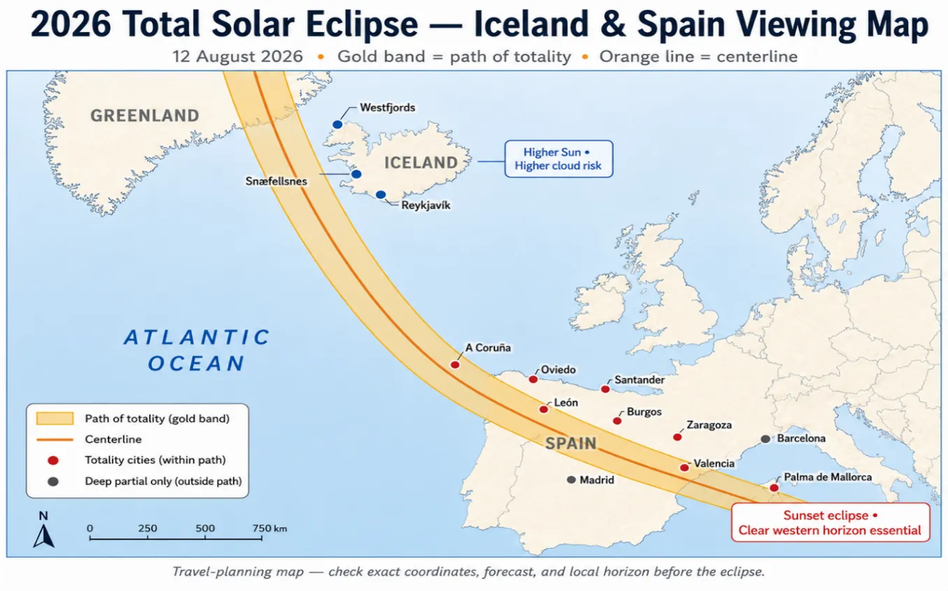 A travel-planning map of Europe and the Atlantic Ocean showing the gold path of totality for the August 12, 2026 total solar eclipse crossing through Iceland and mainland Spain, with labeled totality cities and weather risk notes.