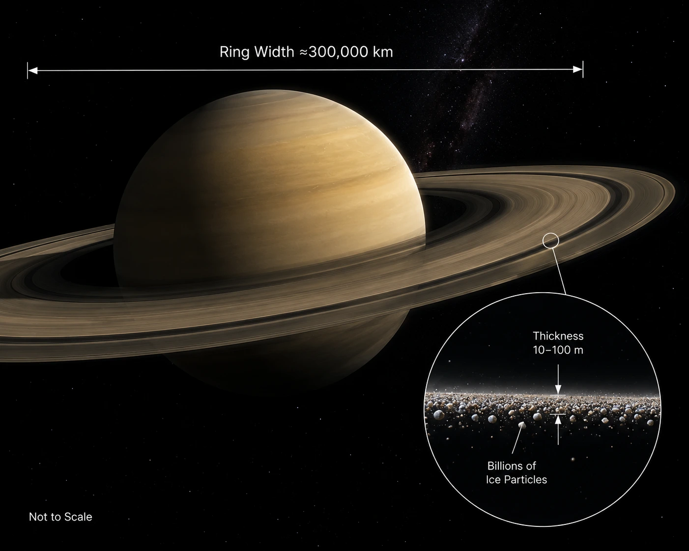 Scale infographic comparing Saturn's ring system width of about 300,000 kilometers with its extremely thin thickness of approximately 10–100 meters.