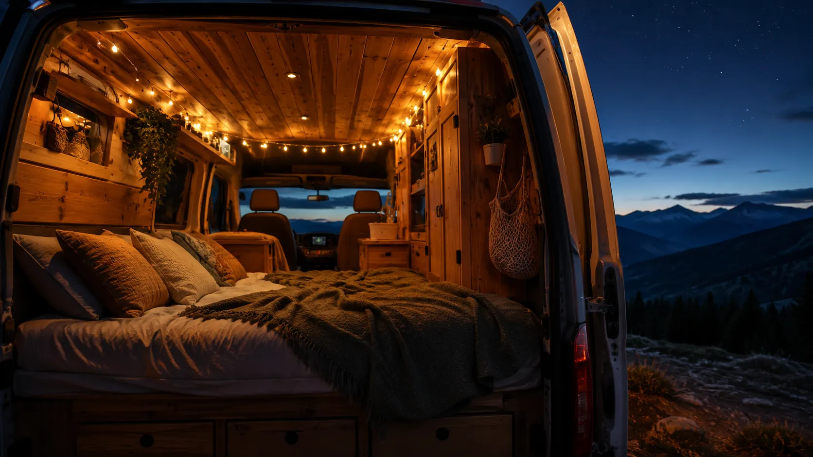 Cozy wood-paneled interior of a camper van at twilight with warm string lights illuminating a thick memory foam bed and rumpled blankets.