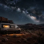 A silver, off-grid camper van parked at night in a desert landscape with large rocky mesas, showing the interior lights glowing and a detailed view of the Milky Way galaxy spanning the dark sky above.