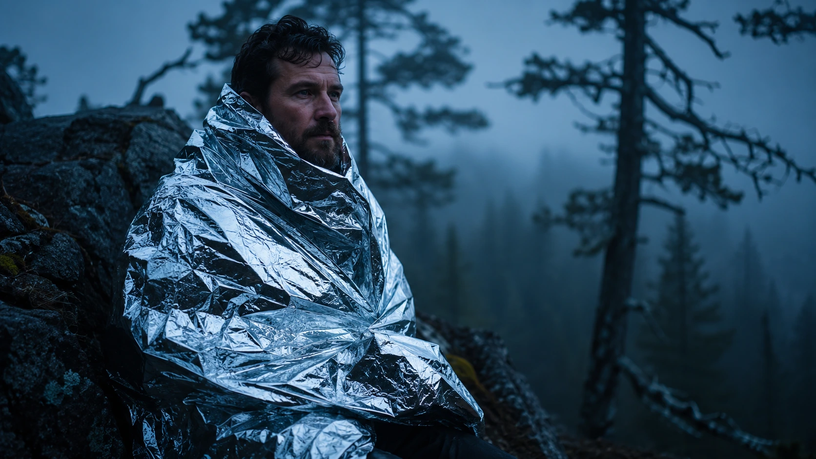 A NASA tech in camper vans. Backpacker wrapped in a highly reflective metallic silver mylar emergency blanket sitting on a rocky ledge in a foggy mountain pass.