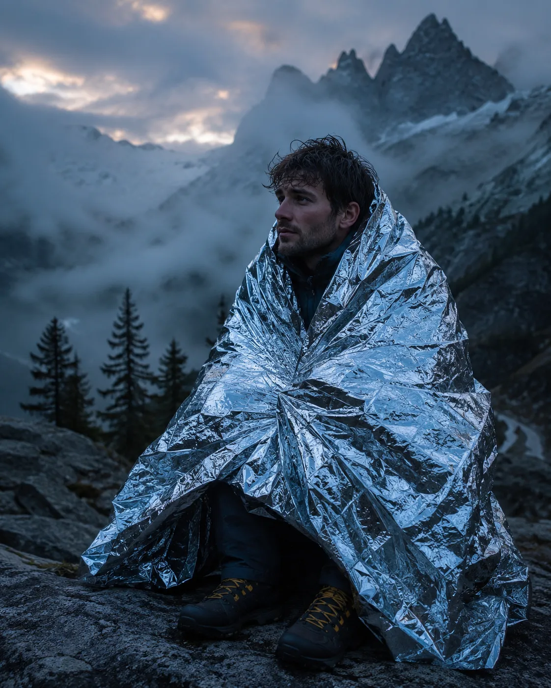 Backpacker wrapped in a highly reflective metallic silver mylar emergency blanket sitting on a rocky ledge in a foggy mountain pass.