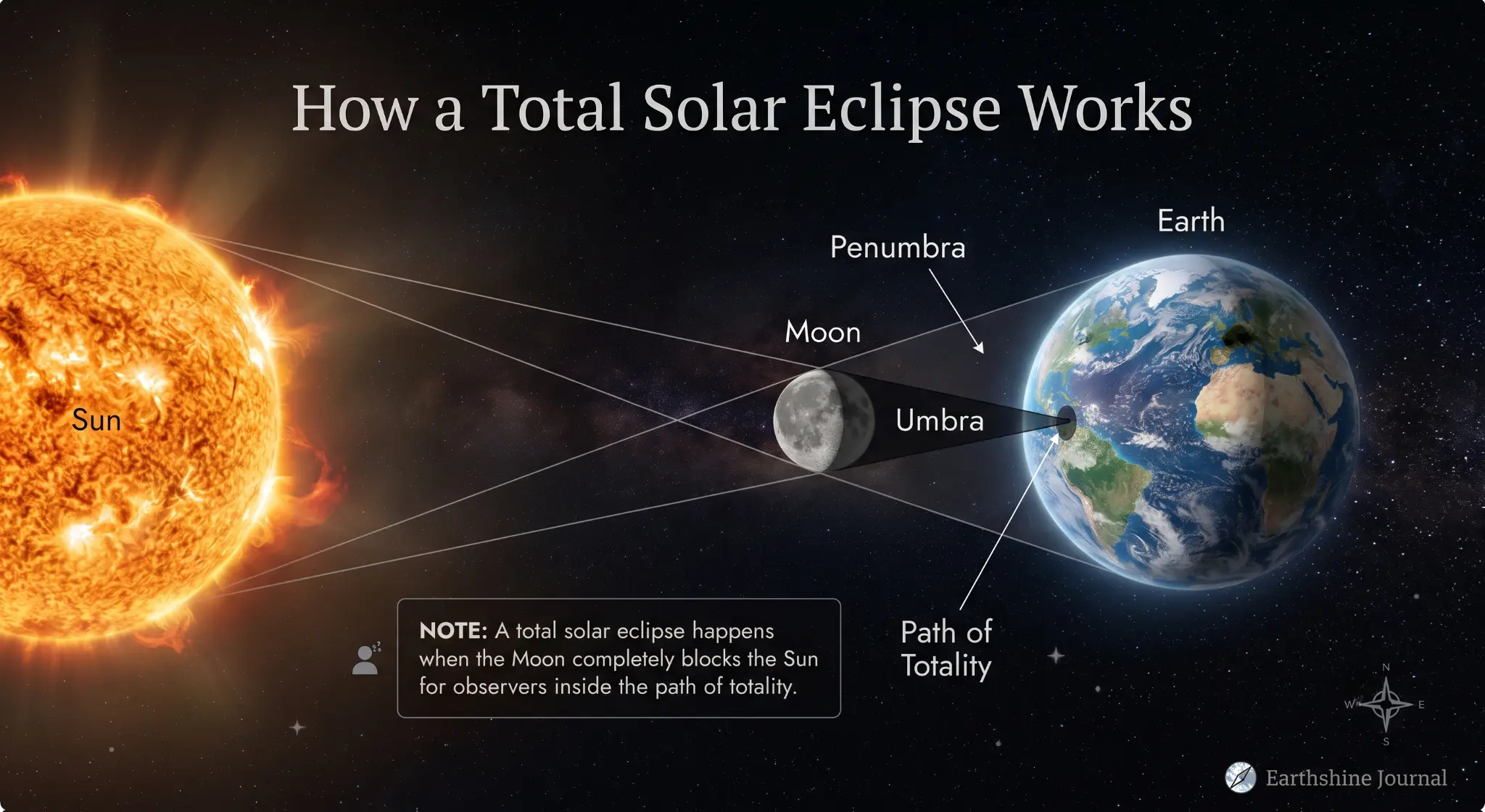 Scientific astronomy diagram showing the orbital alignment of the Sun, Moon, and Earth with labels for the umbral and penumbral shadows.