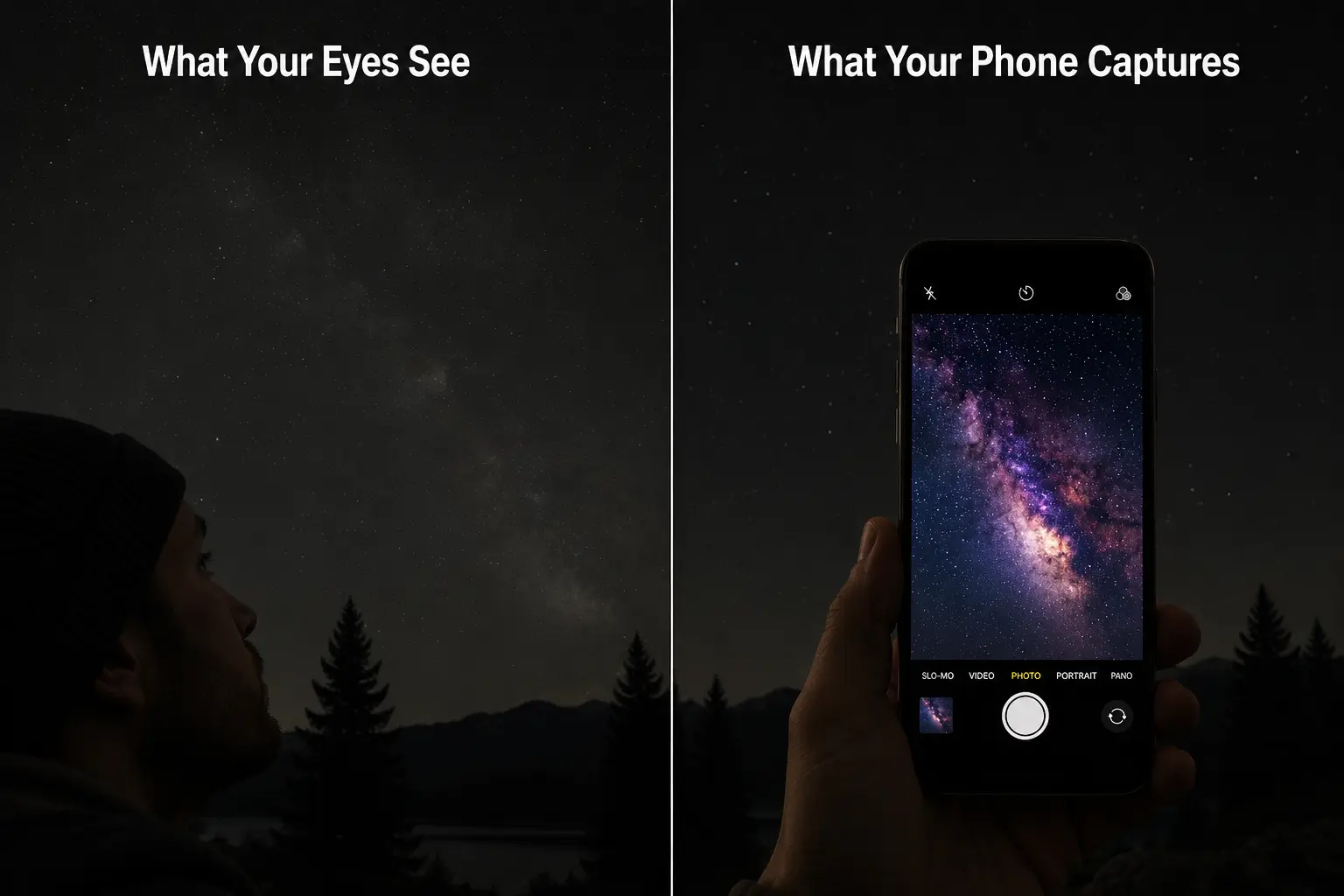 Comparison showing how the Milky Way appears to the human eye versus a smartphone long-exposure photograph.