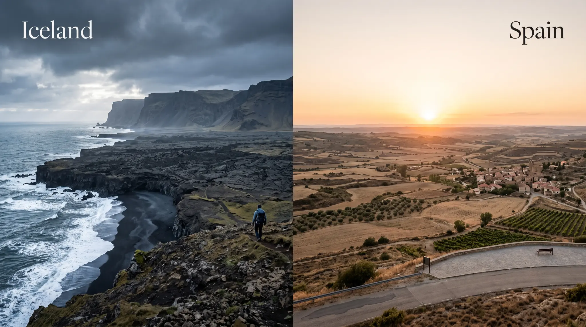 A split-screen landscape photo comparing a moody, dramatic volcanic beach in Iceland on the left with a sunny, arid rural valley in Spain on the right.