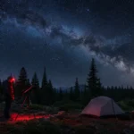 Camper using a telescope beneath the Milky Way in bear country, demonstrating safe night camping and responsible stargazing.
