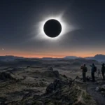 Three observers standing on a rocky ridge with camera tripods looking at a total solar eclipse low on the horizon over a wide volcanic valley, showing a bright solar corona in a twilight sky with visible stars.