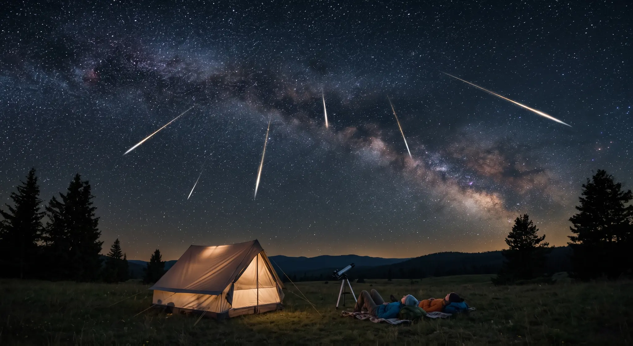 Two people lying on blankets next to an illuminated camping tent and an amateur telescope, watching bright meteors streak across a clear night sky.