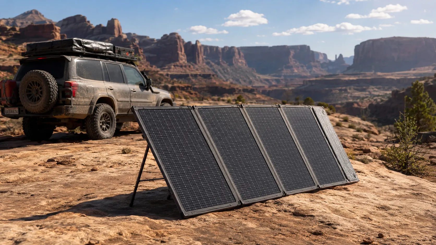 Black folding portable solar panels angled toward the sun on a rocky plateau next to a dirty 4x4 overland vehicle.