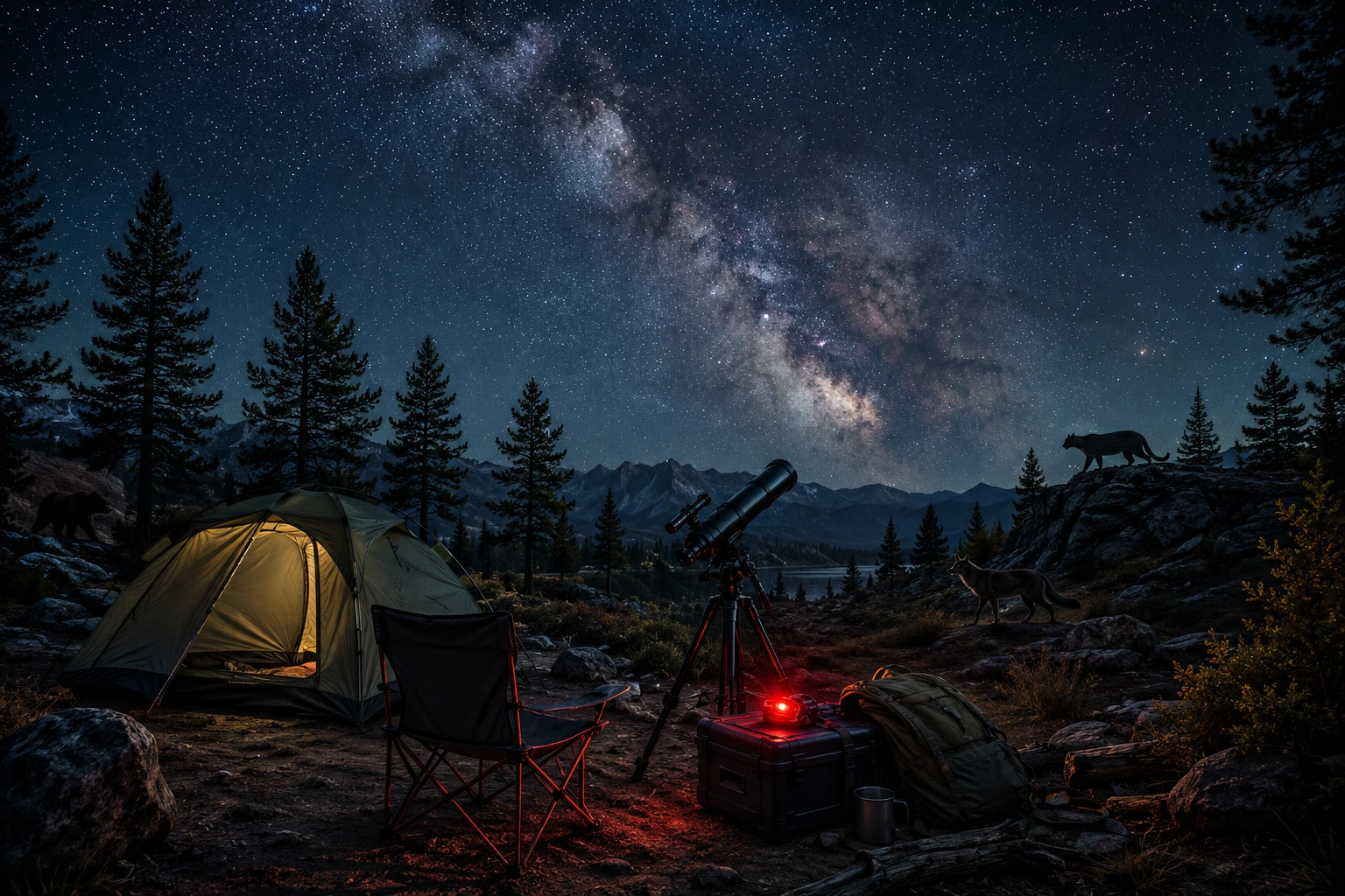 Illustration of a dark-sky campsite with a telescope beneath the Milky Way and distant wildlife silhouettes emphasizing night camping safety
