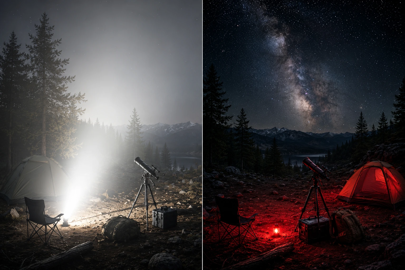 Comparison of white flashlight and red headlamp effects on night vision and visibility of the Milky Way at a campsite