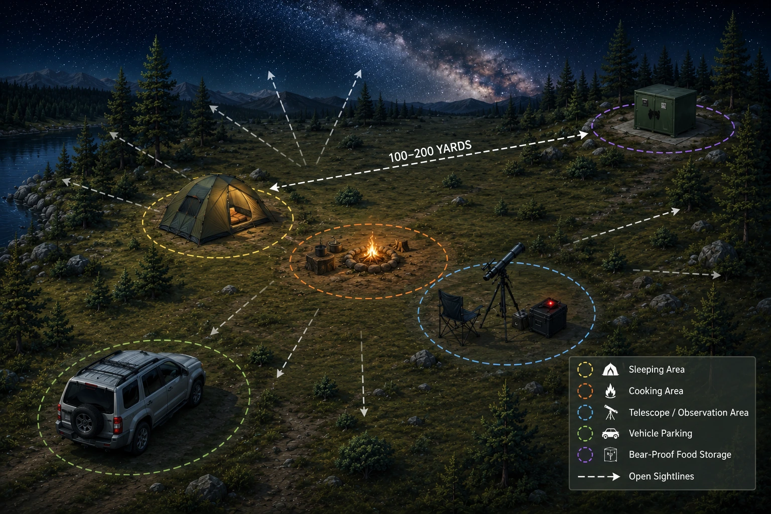 Illustration showing a safe campsite layout with separate sleeping, cooking, telescope, and food storage areas. All essential for Night Camping safety.