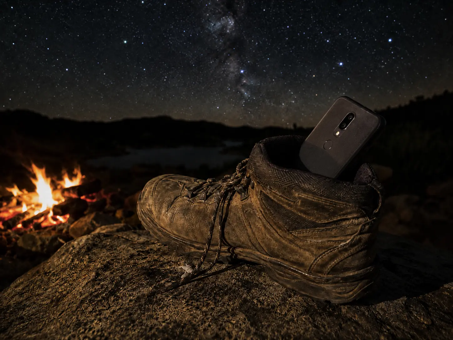 A smartphone stabilized in a hiking boot for long-exposure Milky Way photography without a tripod.