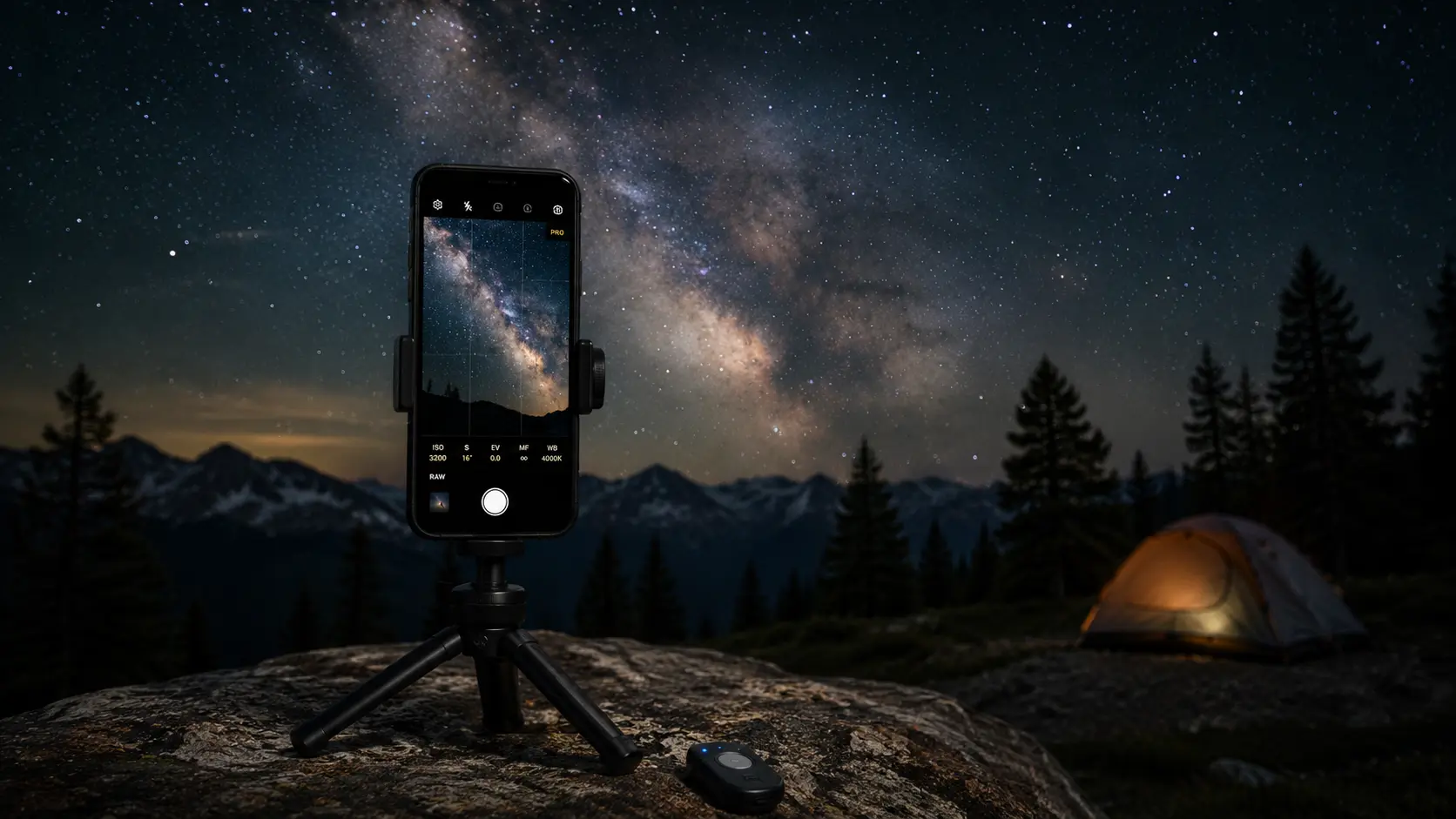 Smartphone mounted on a tripod using manual camera settings for Milky Way photography.