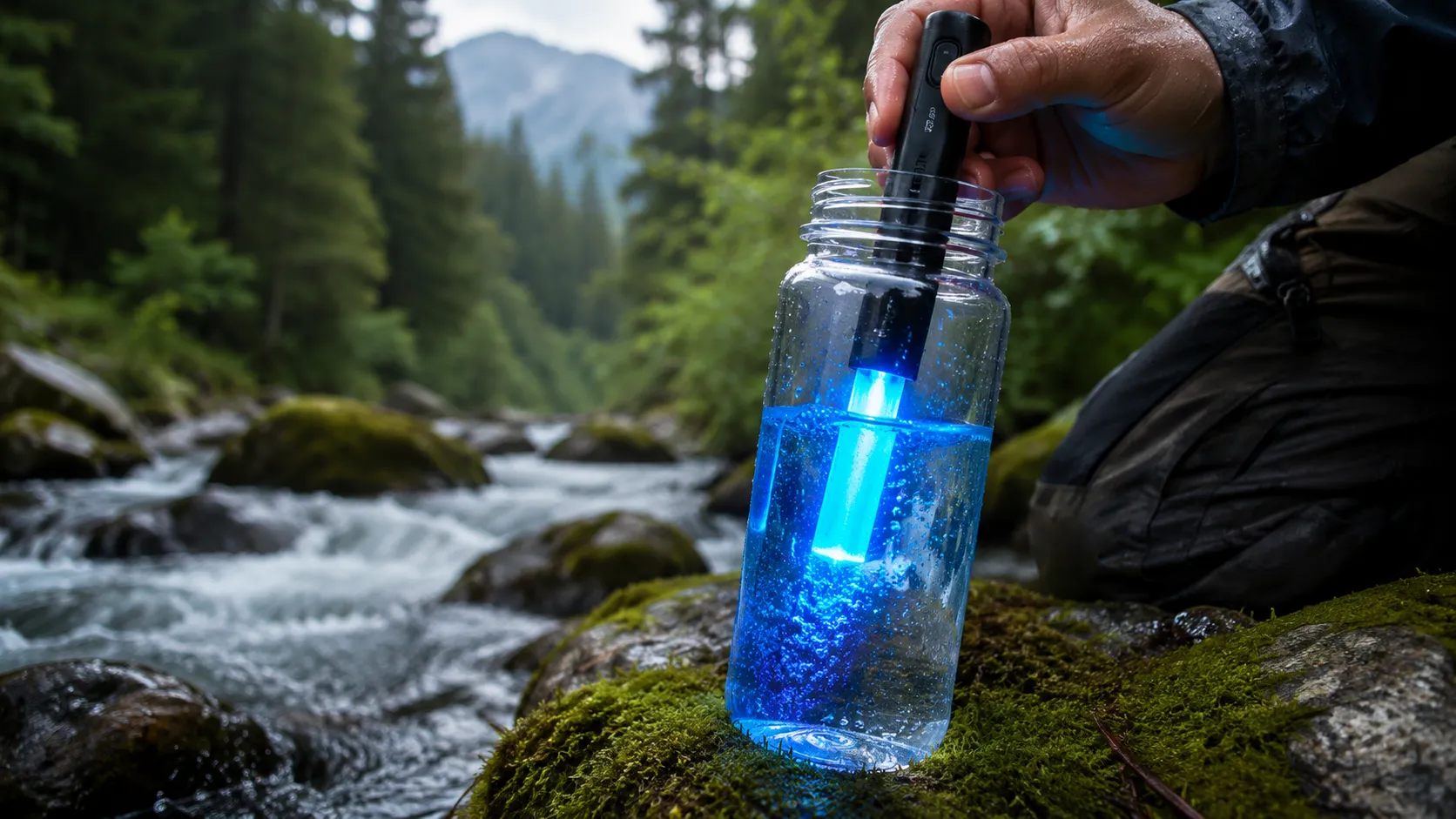 Close-up of a traveler's hand holding a sleek black UV water purifier pen emitting a bright blue light inside a clear water bottle next to a rushing river.