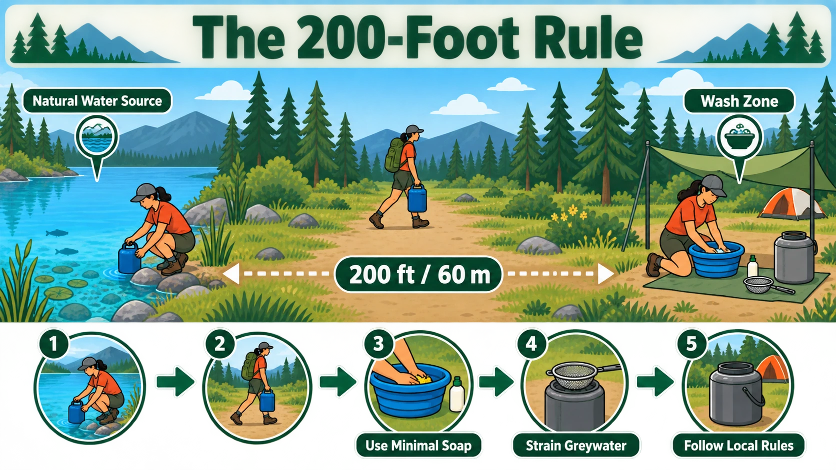 Infographic explaining the 200-foot rule for using biodegradable camping soap away from natural water sources
