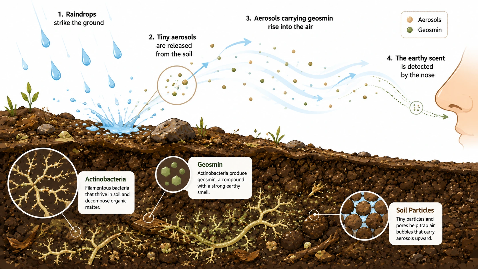 Cross-sectional soil diagram showing filamentous actinobacteria producing geosmin beneath the ground while raindrops release scent-carrying aerosols into the air.