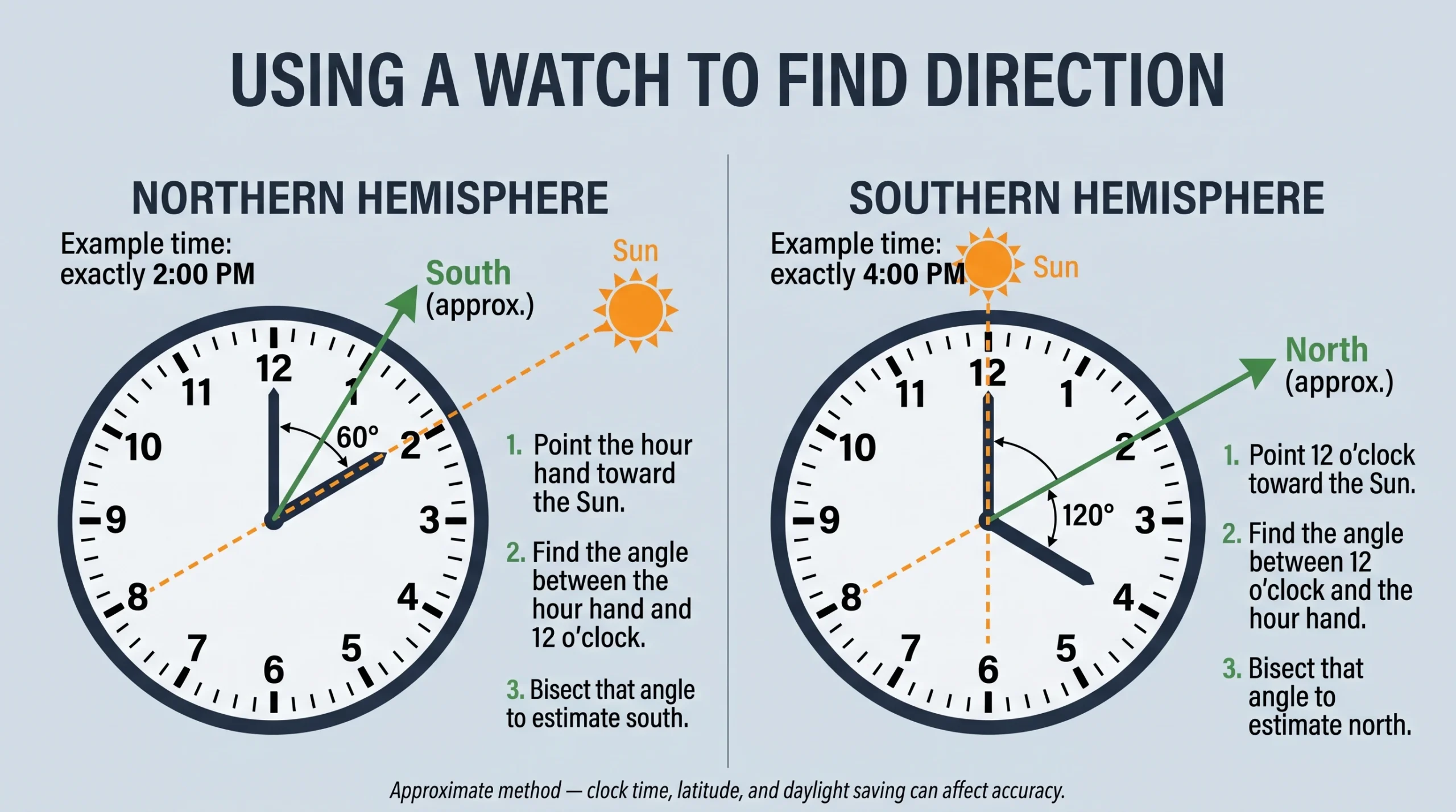 Analog watch method comparing Northern and Southern Hemisphere direction finding using the Sun and angle bisectors.