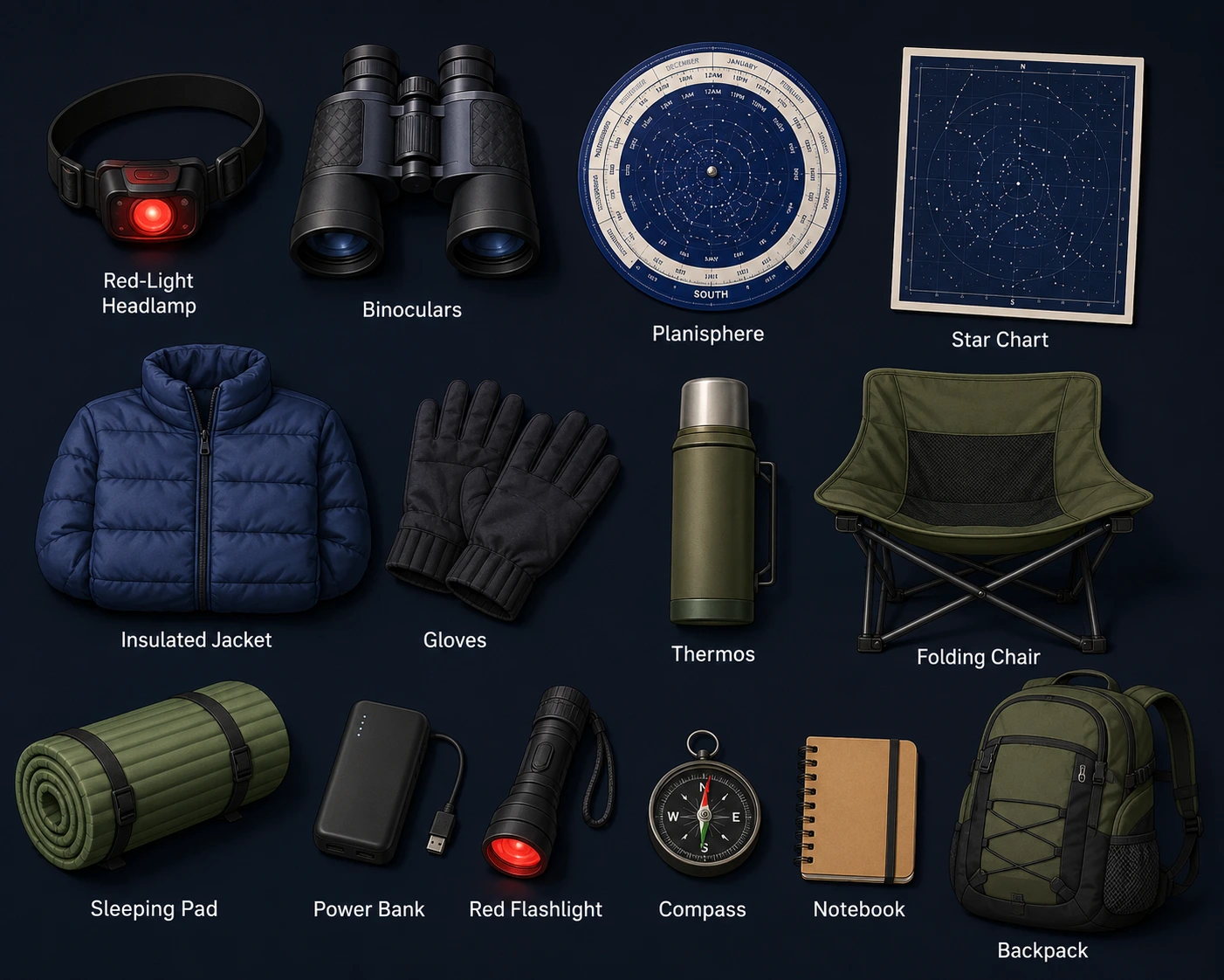 Flat lay illustration showing beginner astronomy camping gear including binoculars, red flashlight, planisphere, warm clothing, and camping equipment.