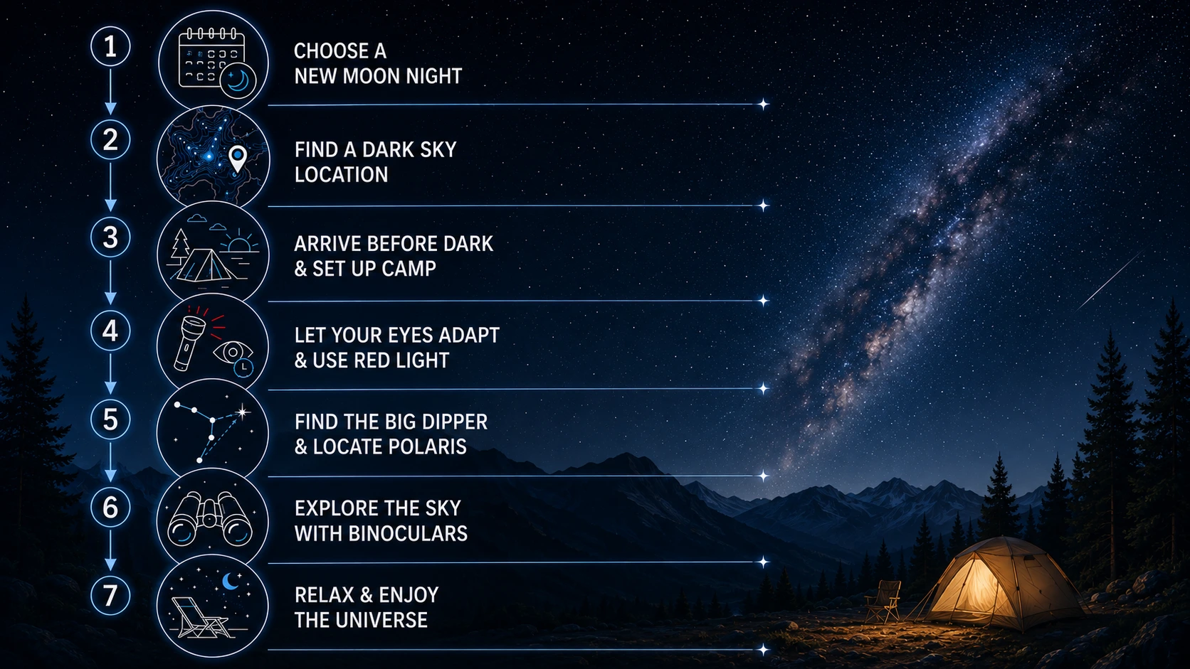 Vertical infographic illustrating the seven basic steps for planning and enjoying a successful beginner stargazing trip