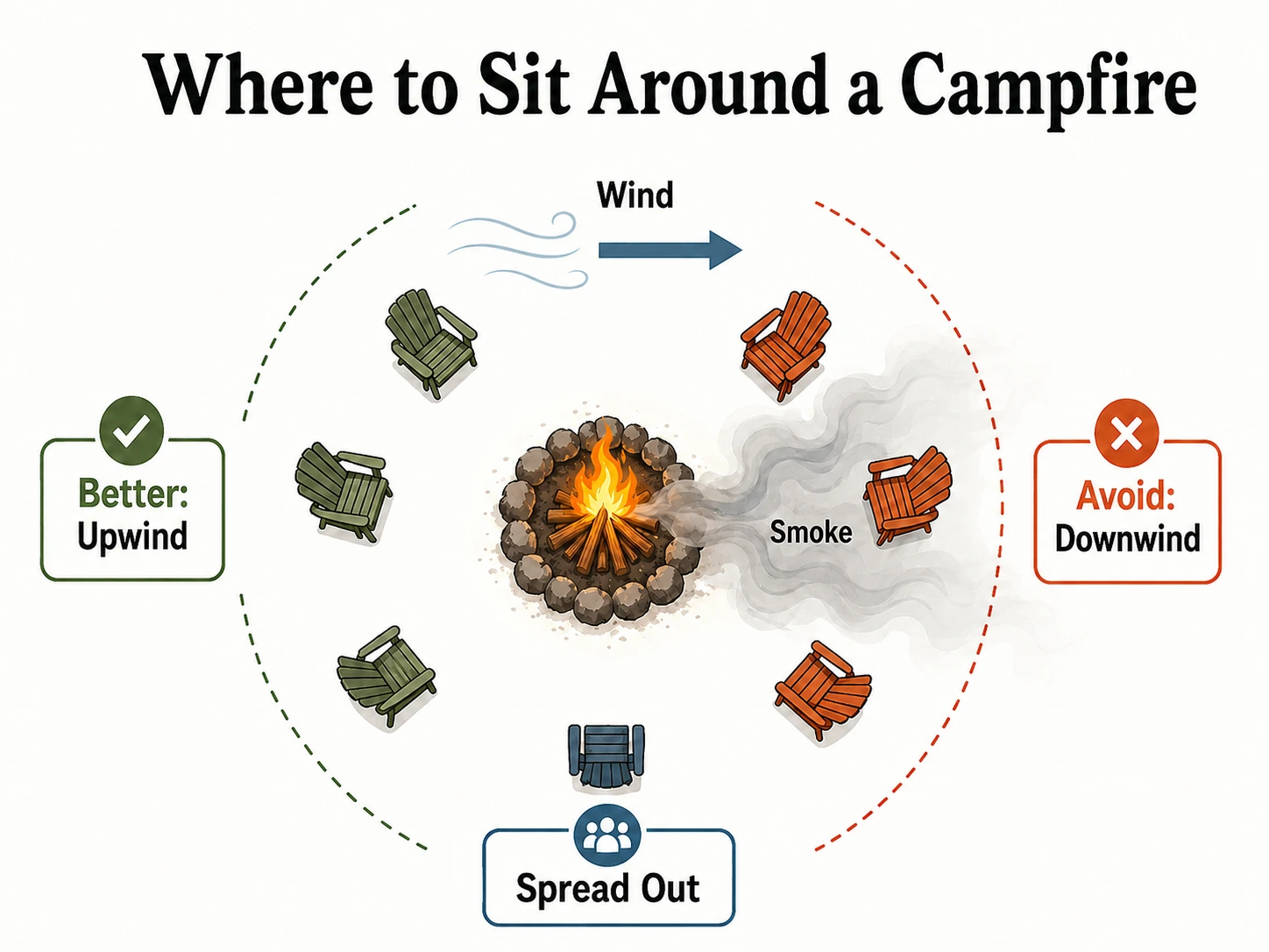Campfire seating diagram showing upwind position to avoid smoke