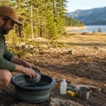Camper washing cookware in a collapsible basin far from a mountain lake