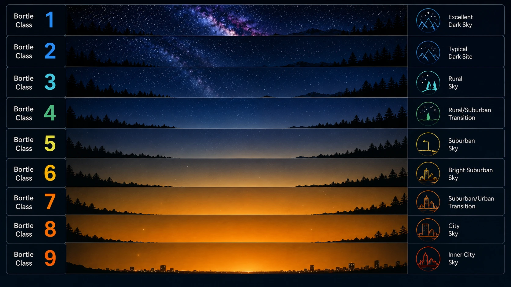 Illustrated Bortle Scale showing how increasing light pollution reduces visible stars and Milky Way detail from Class 1 to Class 9.