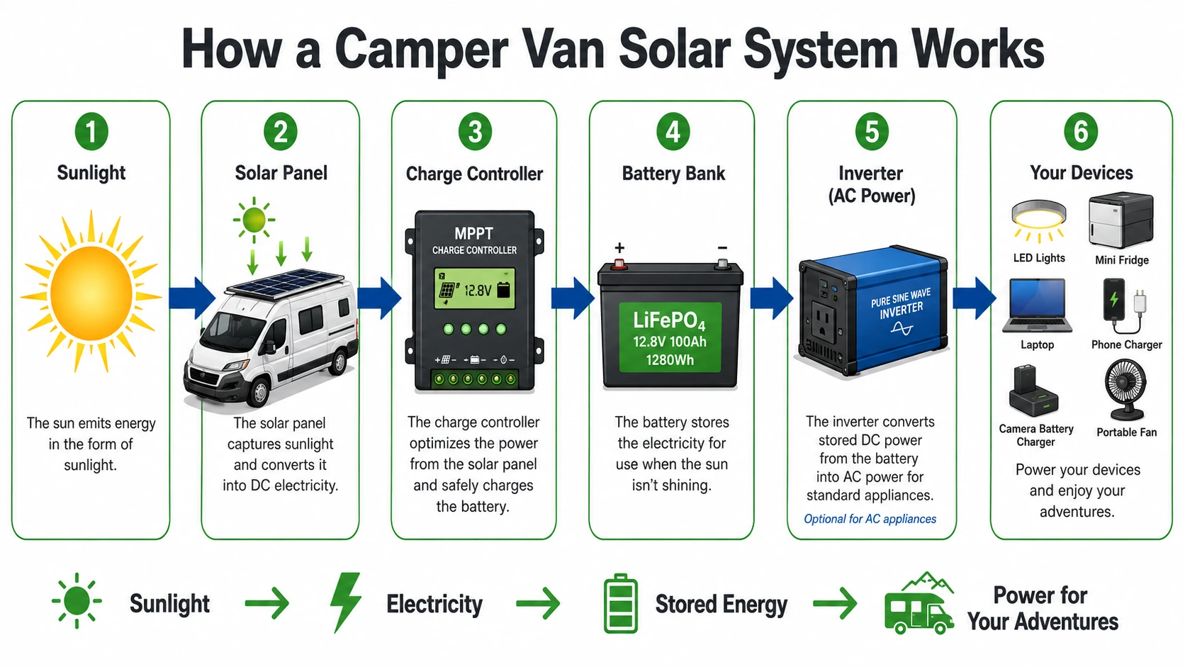 Diagram showing how a camper van solar system works from solar panels to battery storage and household appliances.