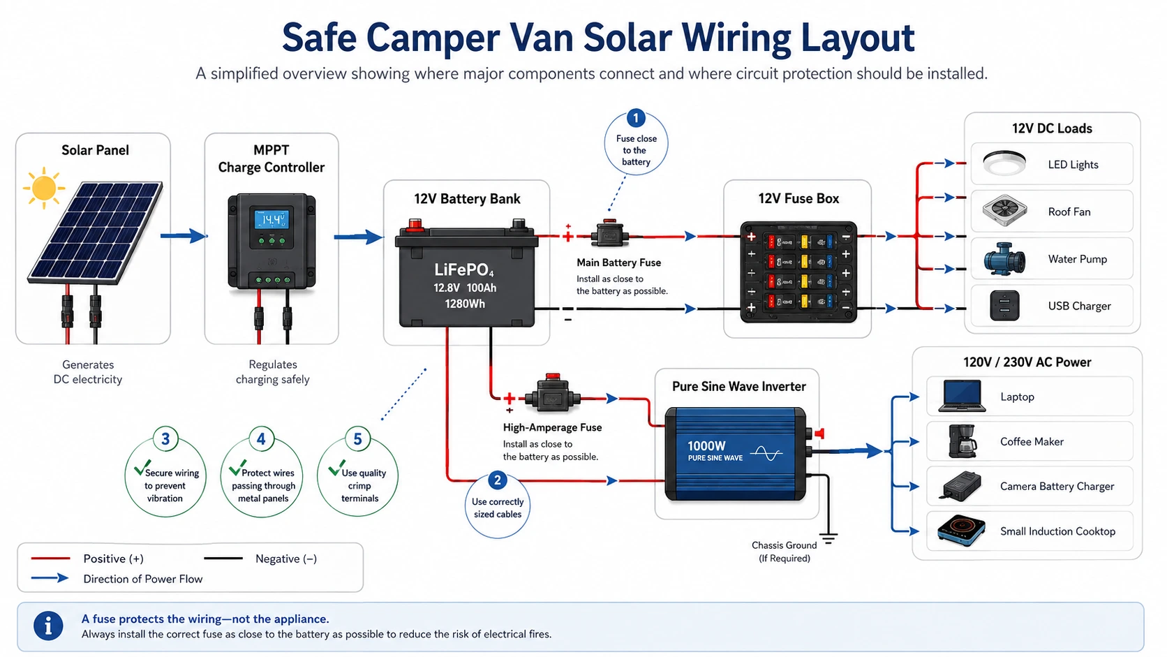 Wiring diagram showing safe connections between solar panels, battery, charge controller, inverter, and fuse box.