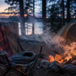 Clothes exposed to campfire smoke beside a burning campfire.