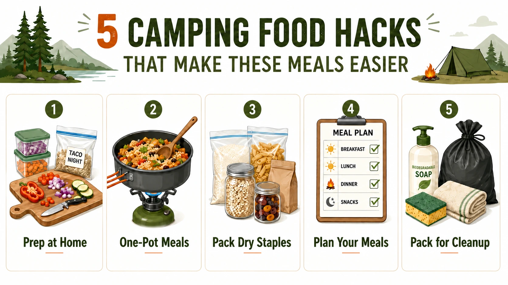 Five simple camping food hacks to make meal prep, cooking, packing, and cleanup easier.