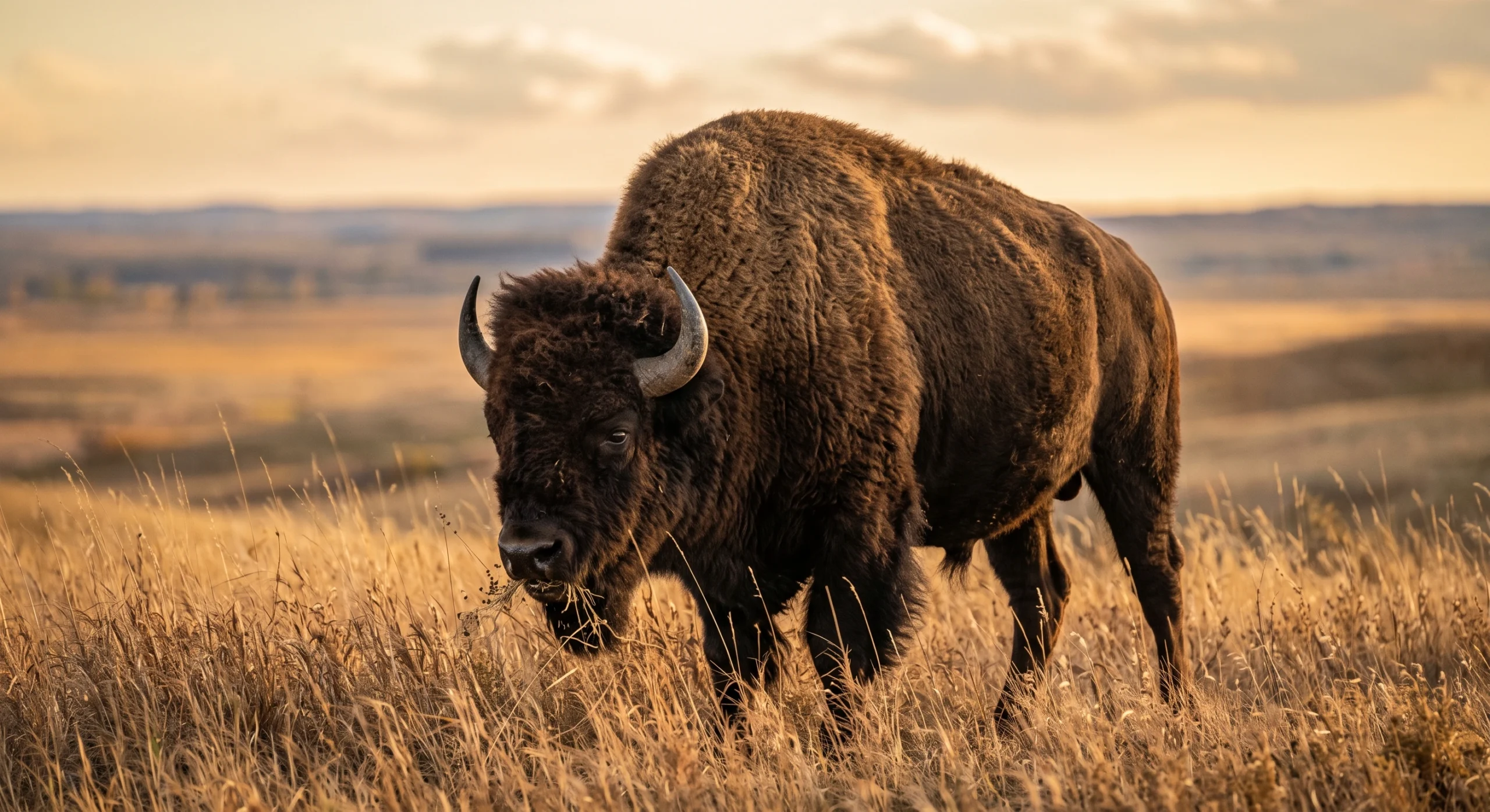 A single large American bison grazing in dry golden prairie grass during late afternoon.