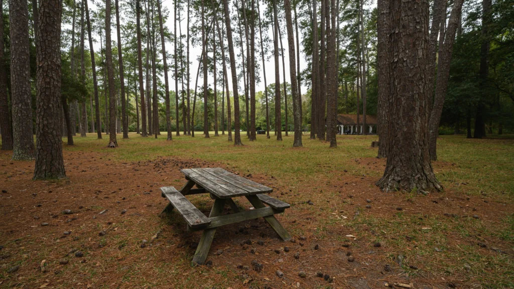 A rustic wooden picnic table under towering pine trees at a shaded campground.