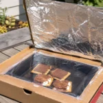 DIY solar oven made from a pizza box cooking s’mores in sunlight.