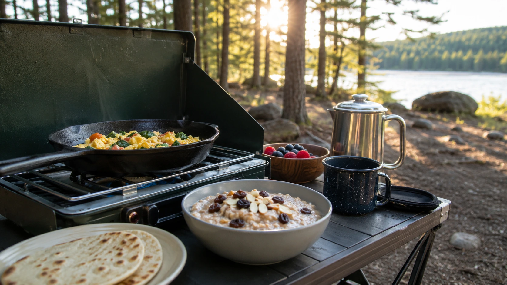 Easy camping food ideas for breakfast with eggs, oatmeal, tortillas, and berries