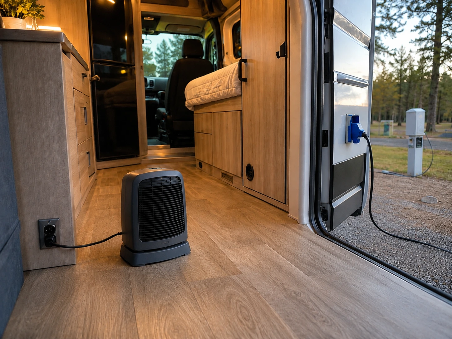 Electric space heater inside a camper van connected to campground shore power.