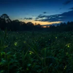 Fireflies glowing naturally in a damp meadow at dusk