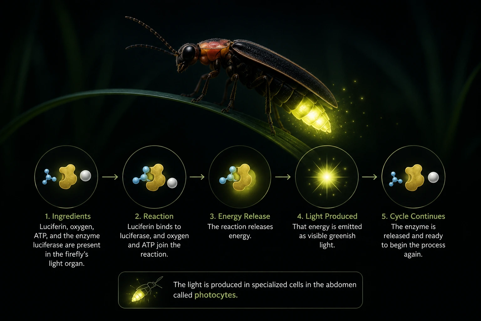 Scientific illustration showing how do fireflies glow, with a glowing firefly and the chemical process behind its bioluminescence.