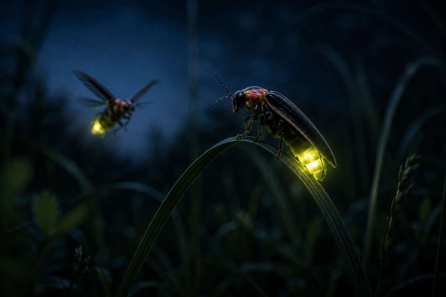 Two fireflies communicating with glowing flashes in a dark meadow.