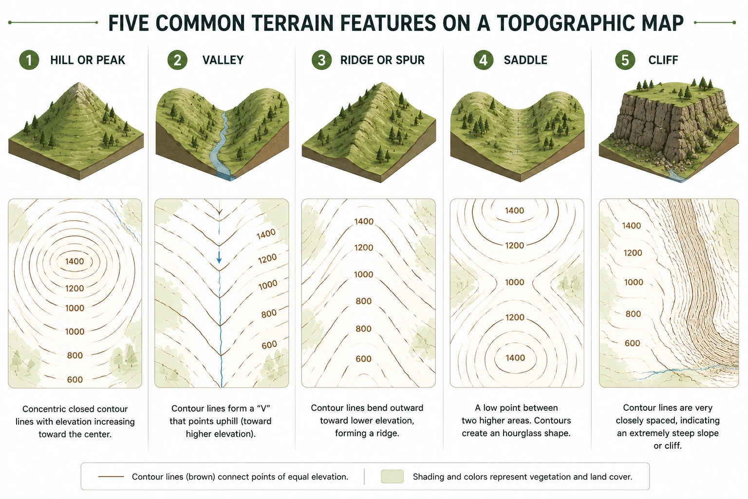 Topographic map infographic showing a hill, valley, ridge, saddle, and cliff