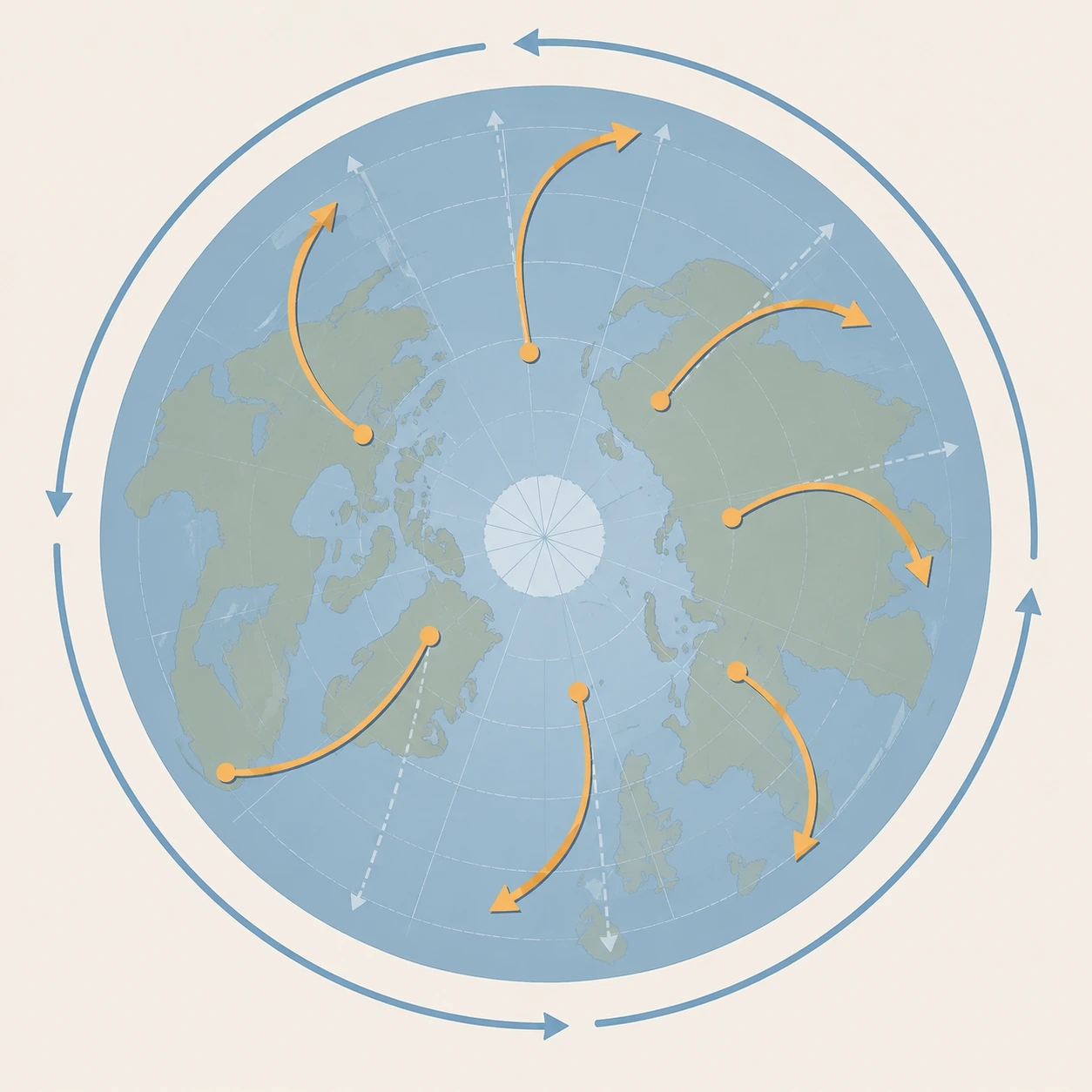 Global wind circulation showing curved airflow caused by Earth's rotation