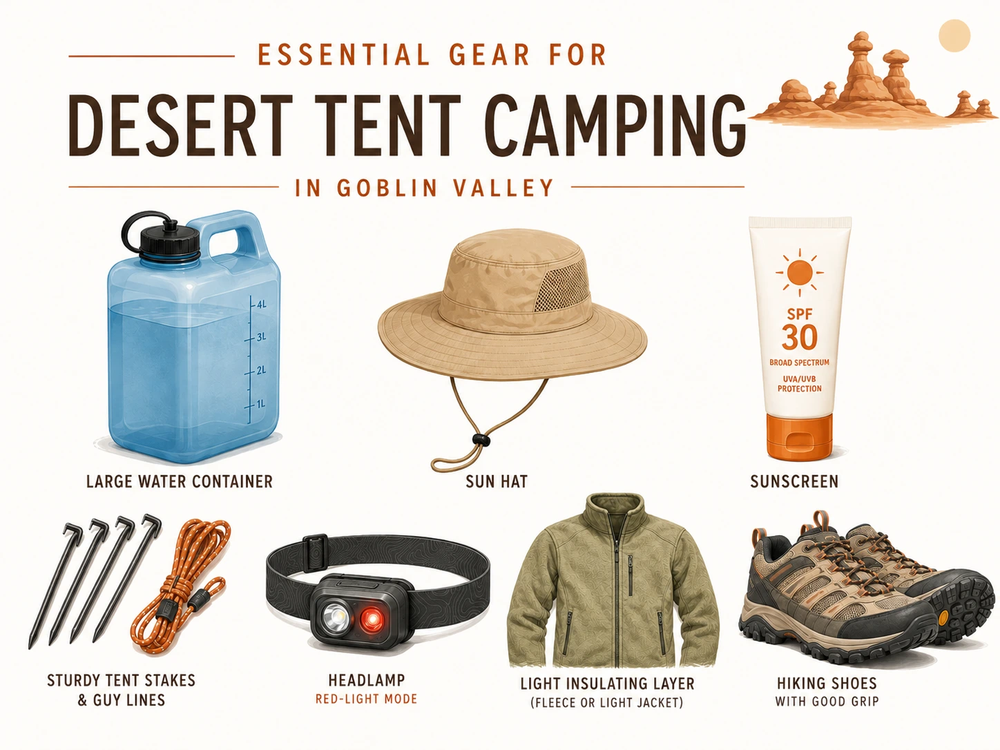Essential desert camping gear for Goblin Valley, including water, sun protection, tent stakes, a red-light headlamp, warm layer, and hiking shoes