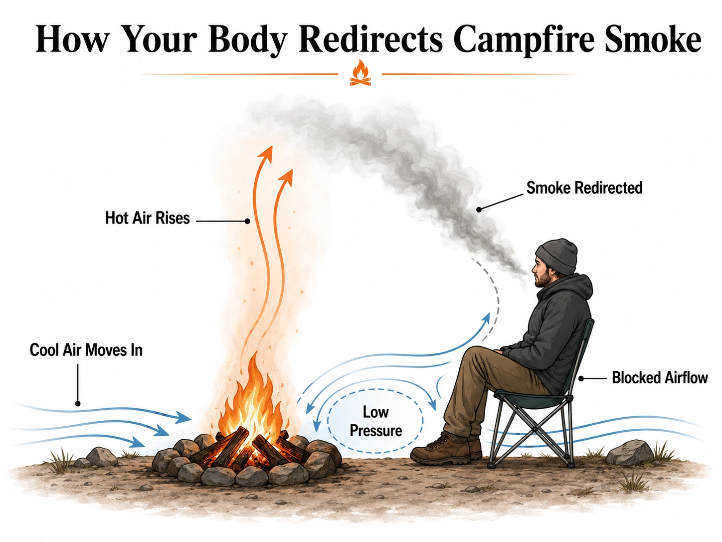 Diagram showing how blocked airflow redirects campfire smoke toward a person