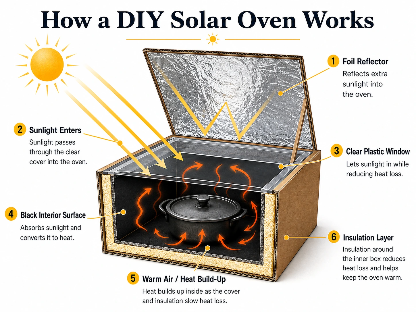 Diagram showing how a DIY solar oven reflects sunlight, absorbs solar energy, and reduces heat loss inside an insulated box
