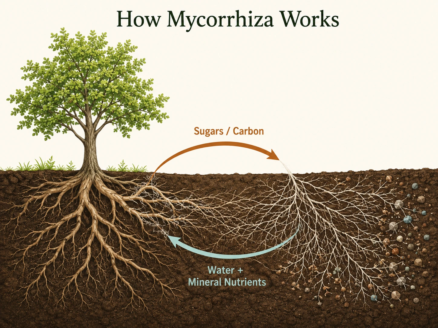 How mycorrhiza works, showing tree roots exchanging sugars for water and mineral nutrients with fungal hyphae.