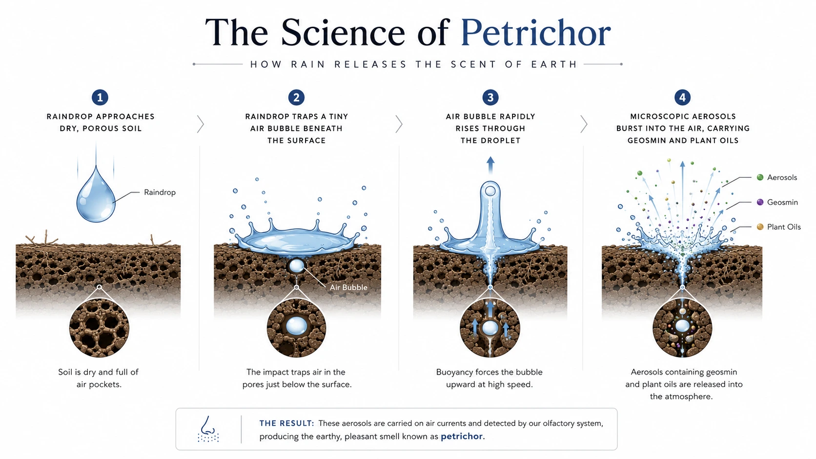 Why does rain smell so good?Infographic showing how raindrops release petrichor from dry soil through air bubbles and microscopic aerosols carrying geosmin and plant oils.