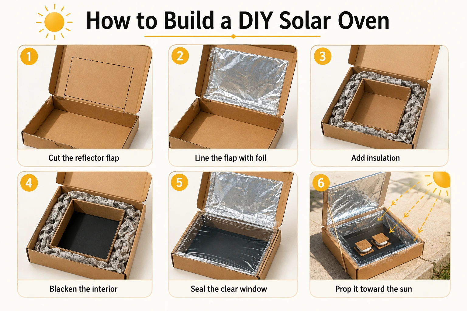 Six steps showing how to build a DIY solar oven from a pizza box, foil, insulation, and plastic wrap.