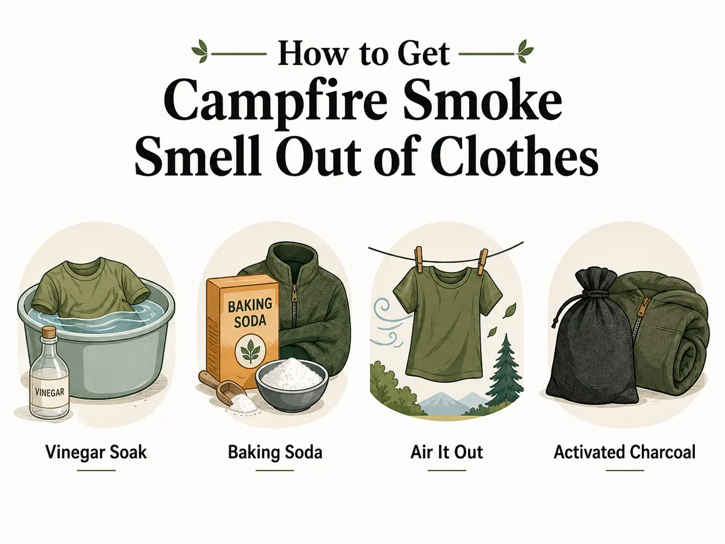 Infographic showing ways to get campfire smoke smell out of clothes.