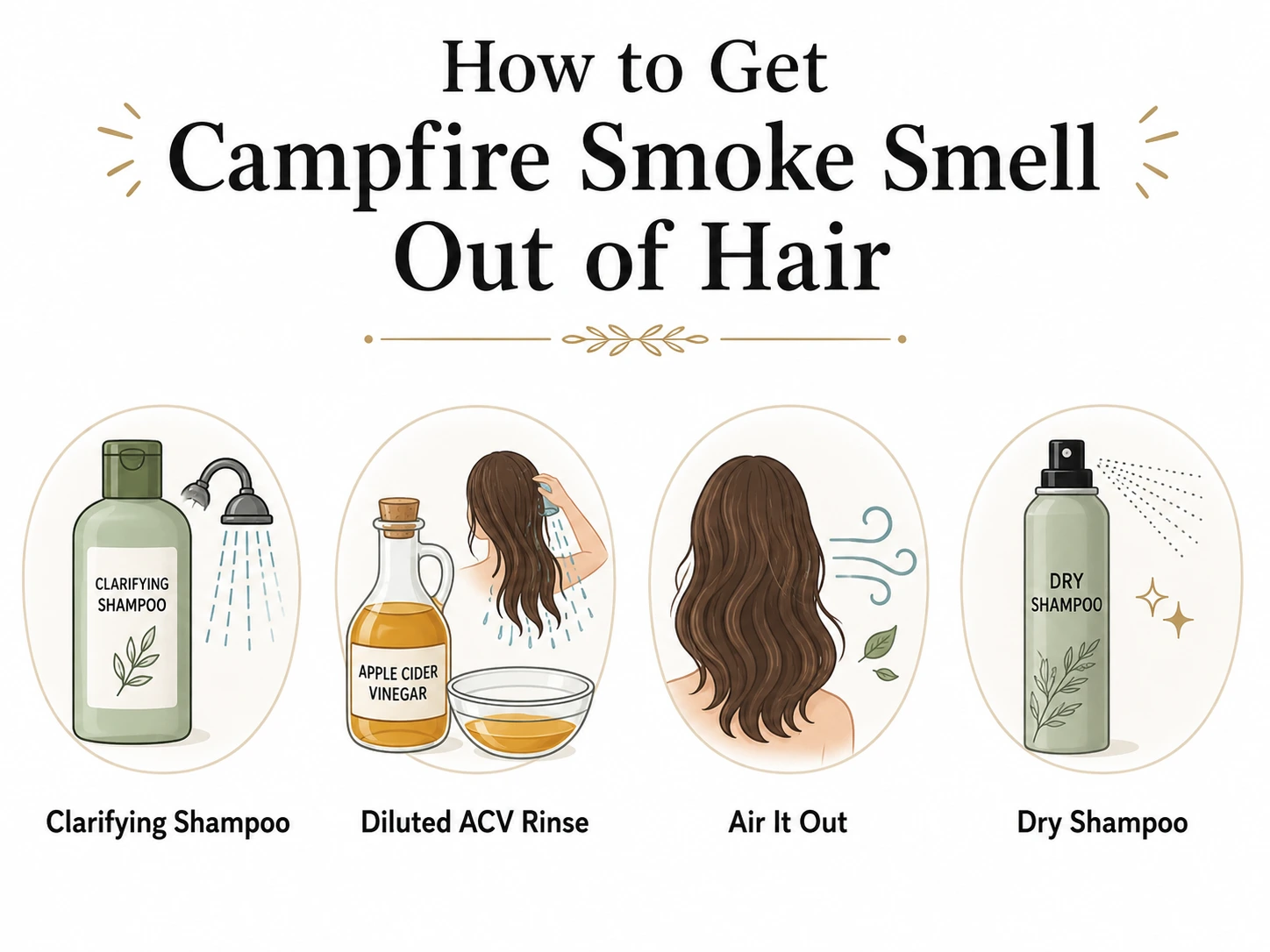 Infographic showing ways to get campfire smoke smell out of hair.