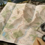 Topographic map and compass showing mountain terrain on a hiking route